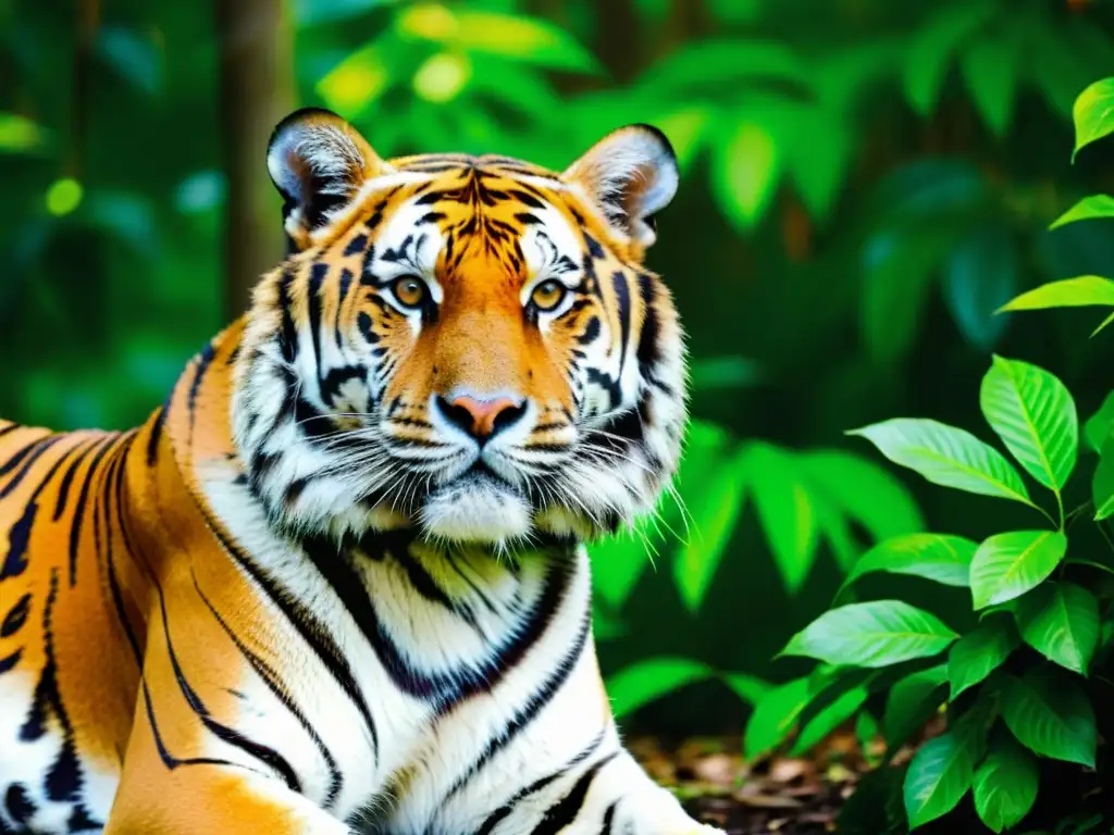 Un majestuoso tigre de Bengala descansa en su hábitat natural, iluminado por la luz del sol entre la exuberante vegetación