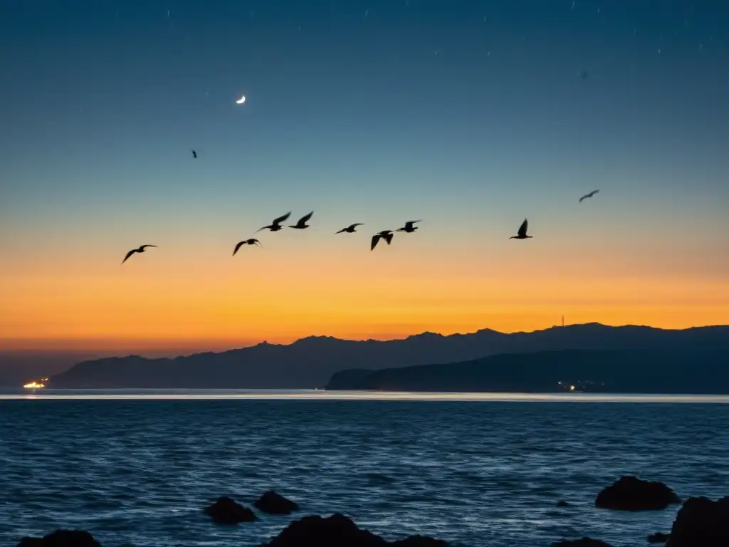 Majestuoso vuelo de aves marinas migratorias sobre el mar oscuro, impactadas por la luz artificial de una ciudad distante