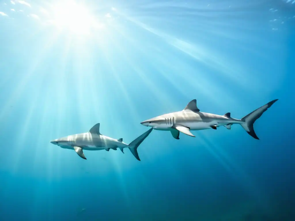 Majestuosos tiburones nadando en aguas cristalinas, iluminados por rayos de sol