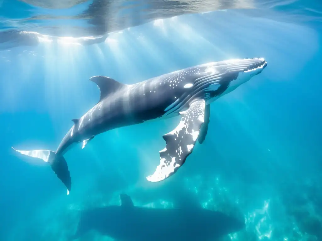 Una manada de ballenas jorobadas nada graciosamente en aguas turquesa cristalinas, con rayos de sol que iluminan sus cuerpos majestuosos