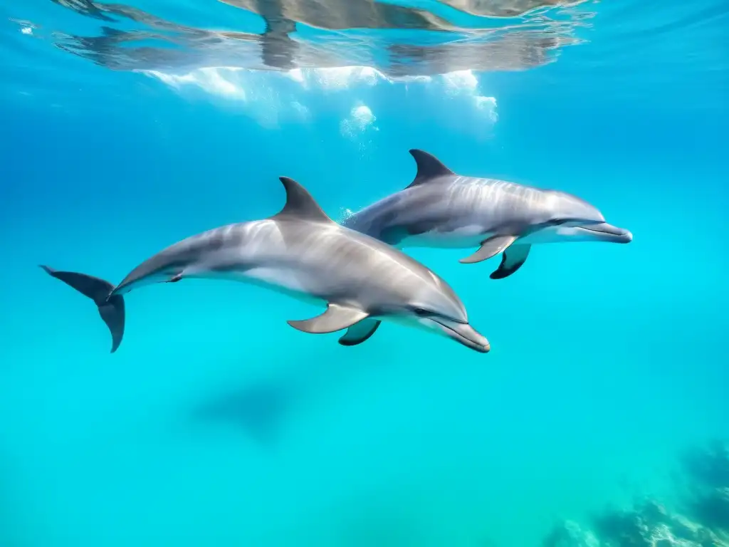 Manada de delfines nadando en aguas turquesas, utilizando la ecolocalización para comunicarse