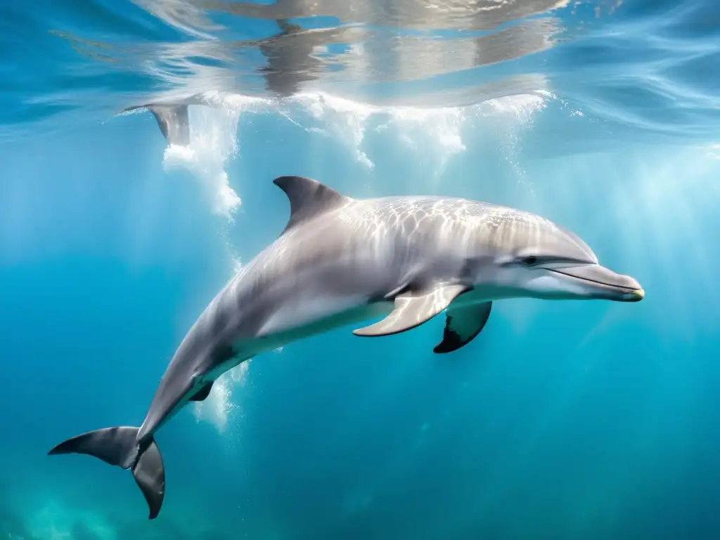 Manada de delfines nariz de botella plateados deslizándose ágilmente en aguas cristalinas, rodeados de vida marina vibrante