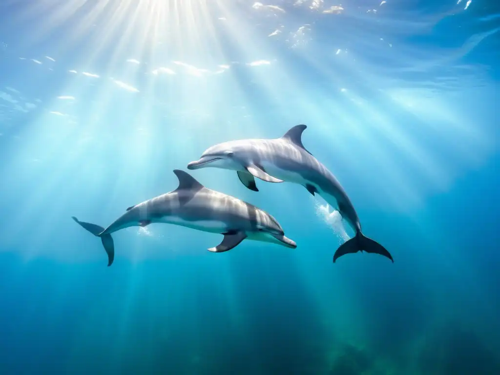 Una manada de delfines plateados surcando el agua cristalina, destacando las técnicas de buceo de cetáceos en un baile de sombras y reflejos