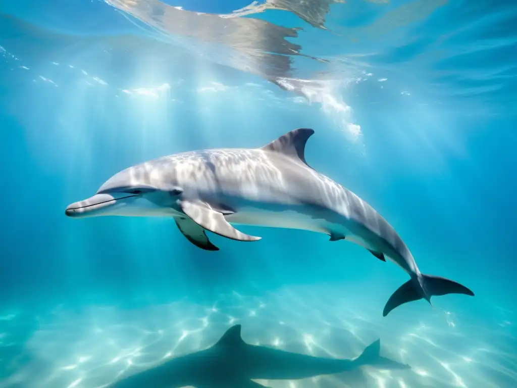 Una manada elegante de delfines plateados surca el agua, mientras el impacto del ruido submarino en fauna marina es evidente