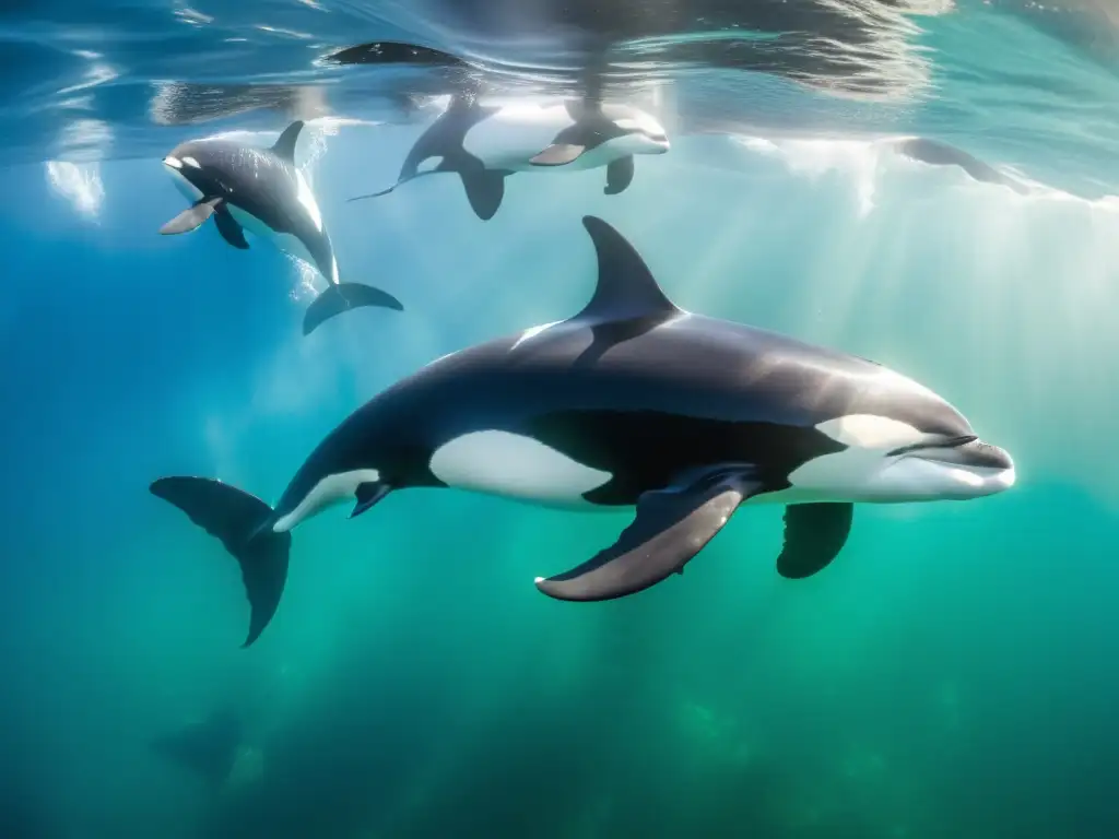 Manada de majestosas orcas compitiendo territorialmente, nadando con elegancia en aguas cristalinas