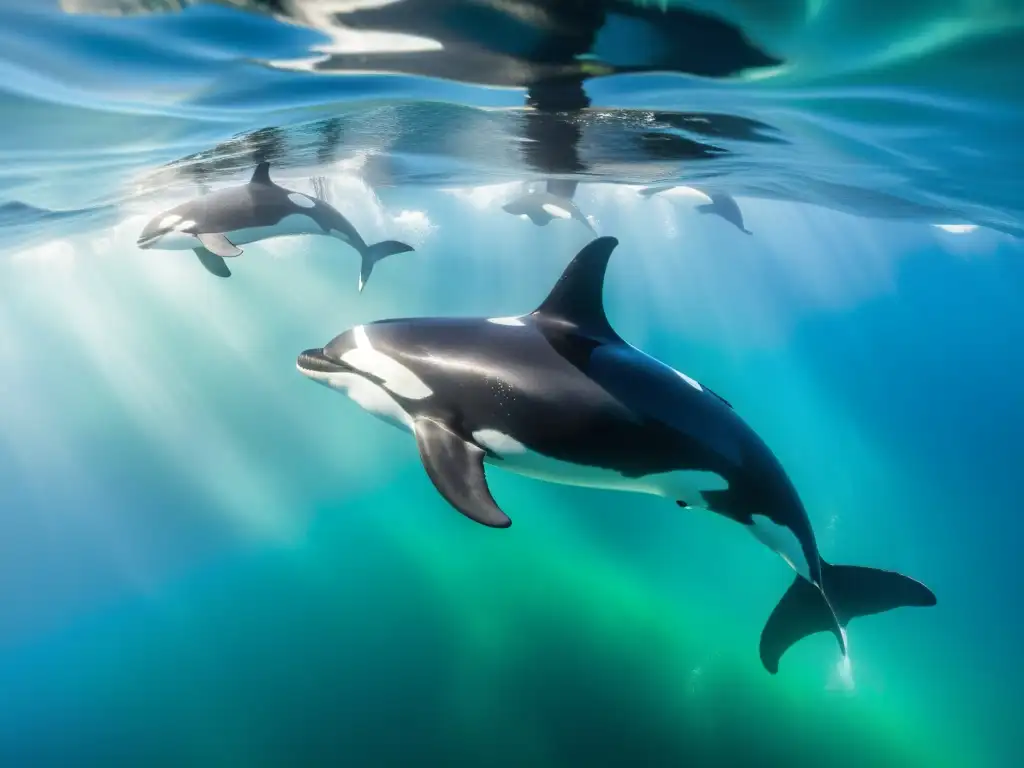 Una manada de majestosas orcas nada con gracia en aguas cristalinas, destacando sus cuerpos negros y blancos en el vibrante azul y verde del océano