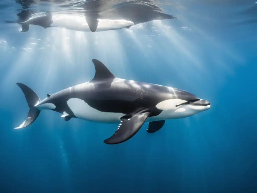 Una manada de majestosas orcas nada grácilmente en aguas cristalinas, destacando su belleza y poder