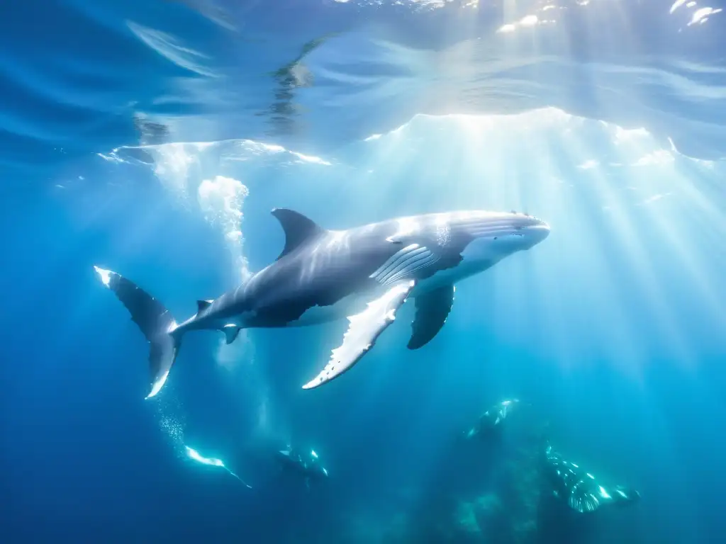 Manada majestuosa de ballenas jorobadas nadando graciosamente en aguas cristalinas, rodeadas de vida marina vibrante