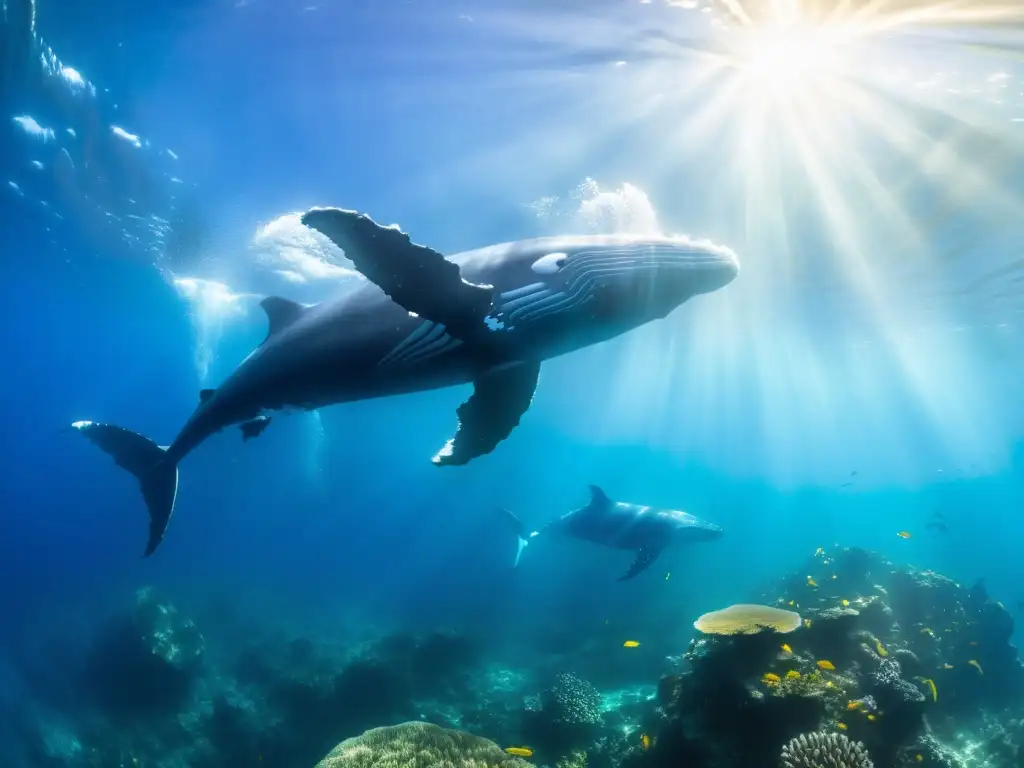 Manada de majestuosas ballenas jorobadas nadando graciosamente en aguas cristalinas, rodeadas de arrecifes de coral coloridos y vida marina vibrante