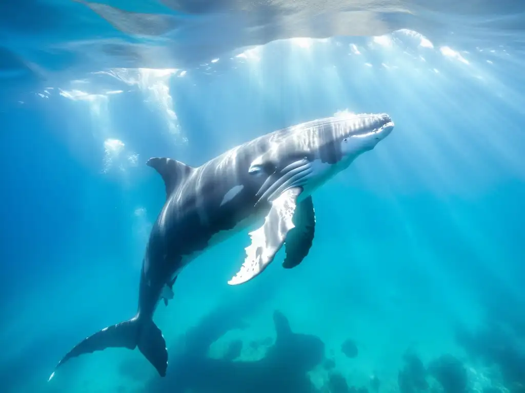 Manada de majestuosas ballenas jorobadas nadando grácilmente en aguas turquesas cristalinas, su masivo cuerpo proyecta sombras en el fondo del océano