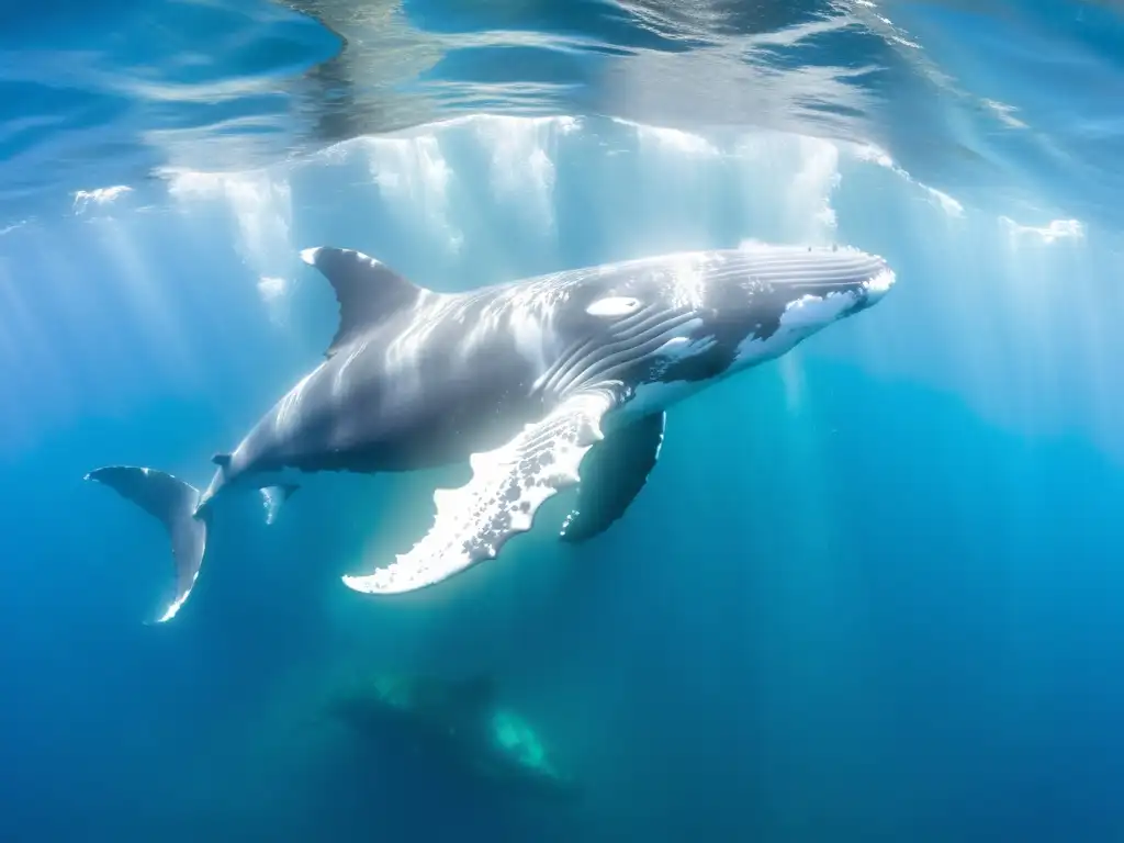 Una manada de majestuosas ballenas jorobadas se desliza graciosamente por aguas cristalinas, rodeadas de vida marina vibrante