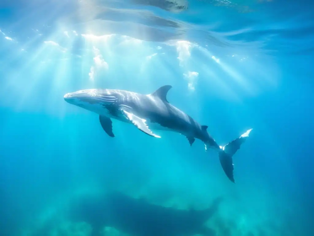 Una manada de majestuosas ballenas jorobadas nada elegantemente en aguas turquesa cristalinas, evocando la conservación de cetáceos en el océano