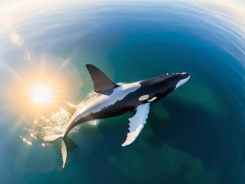 Manada de majestuosas ballenas jorobadas nadando grácilmente en aguas cristalinas, iluminadas por el sol poniente