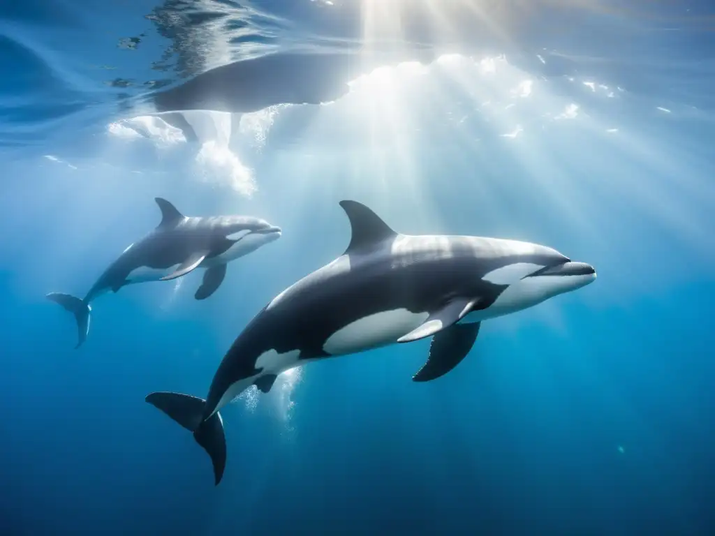 Manada de orcas majestuosas deslizándose en aguas cristalinas, mostrando la vida secreta de mamíferos marinos pelágicos en su hábitat natural