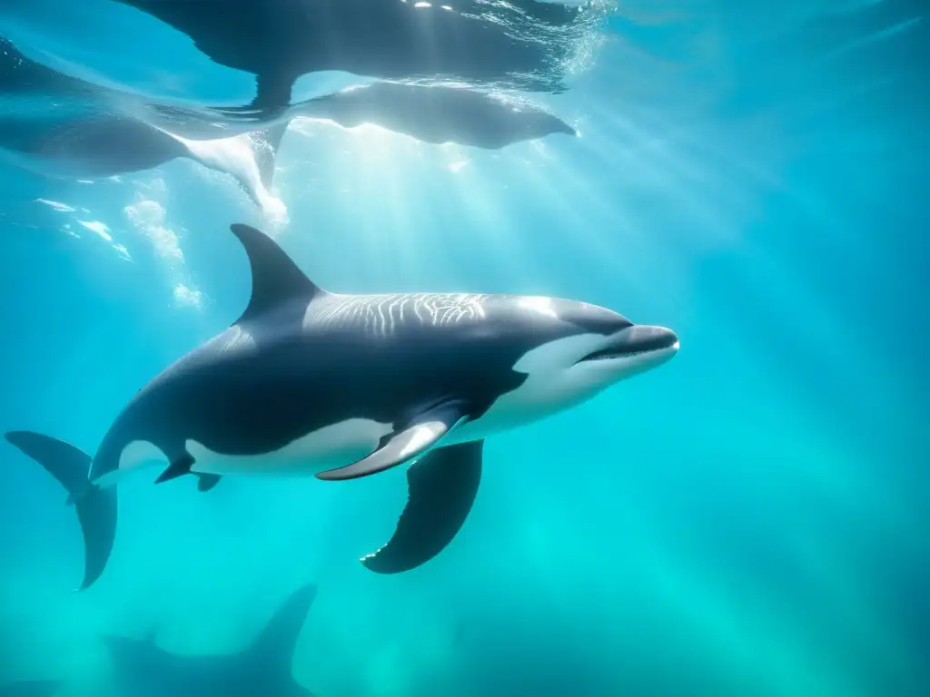 Una manada de orcas majestuosas se desliza con gracia y precisión en aguas cristalinas, mostrando sus adaptaciones únicas de cetáceos oceánicos