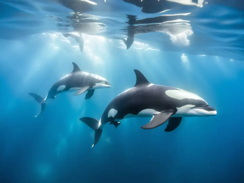 Una manada de orcas nada en perfecta armonía bajo el agua, mostrando su comportamiento social y camaradería en su hábitat natural