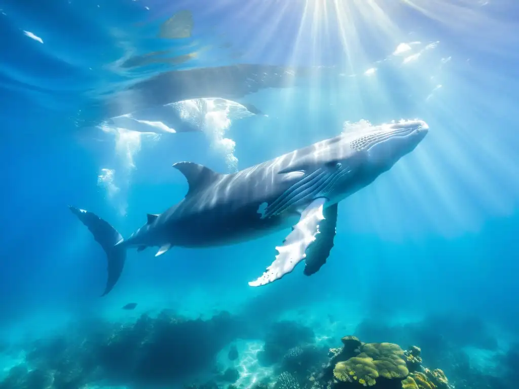 Manadas de majestuosas ballenas jorobadas nadan elegantemente en aguas turquesas rodeadas de arrecifes de coral vibrantes y peces coloridos