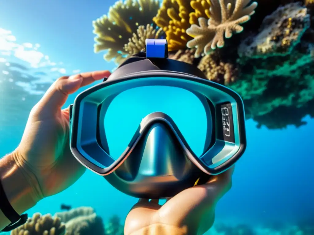 Mano de buceador ajusta accesorio imprescindible para buceo en arrecife de coral, bajo agua cristalina