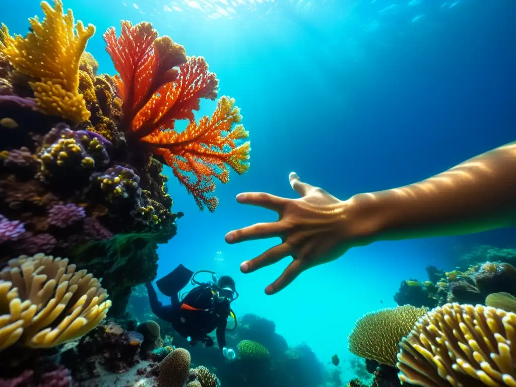 Mano de buceador alcanzando formación coralina en buceo marino