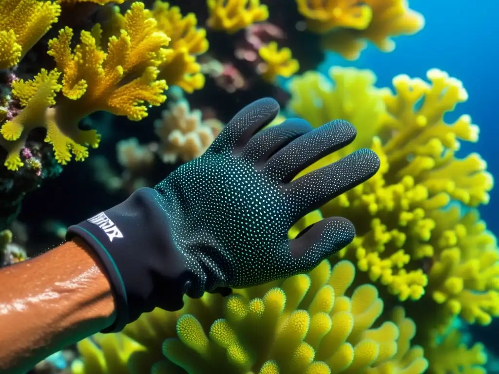 Mano de buzo agarra un arrecife de coral con los mejores guantes de buceo para resistencia y agarre, en un océano cristalino y colorido