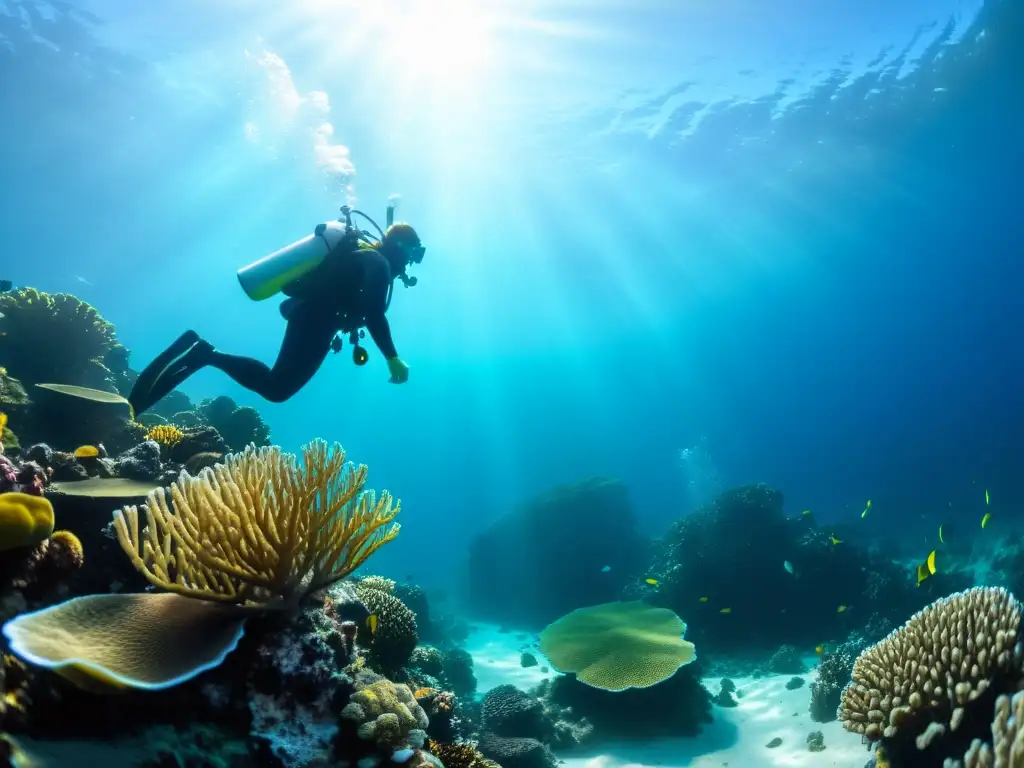 Mano de buzo tocando arrecife de coral, con luz solar filtrándose a través del agua clara