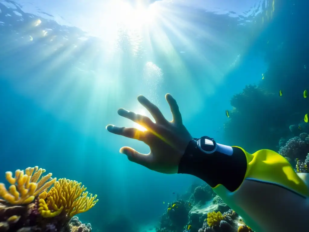 Mano de buzo explorando arrecife de coral vibrante bajo el agua, inmerso en la belleza del mundo marino