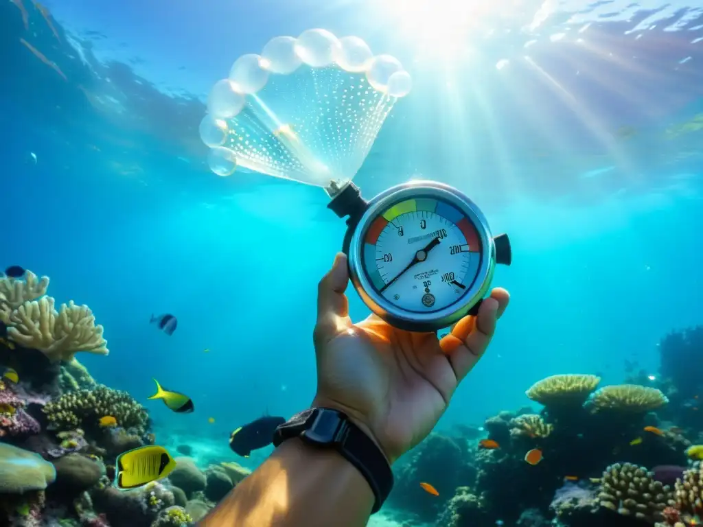 Mano del buzo sosteniendo un manómetro bajo el agua, rodeado de peces y coral vibrante