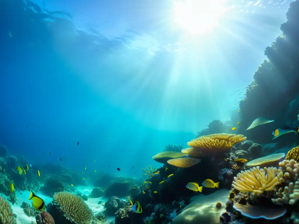 Mantenimiento acuarios marinos limpieza efectiva: Fotografía submarina impresionante de un vibrante arrecife de coral, repleto de vida marina colorida