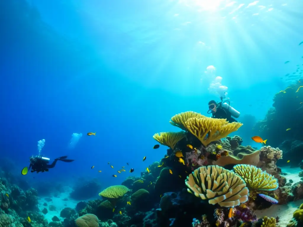 Bajo el mar, un arrecife de coral vibrante repleto de peces y vida marina