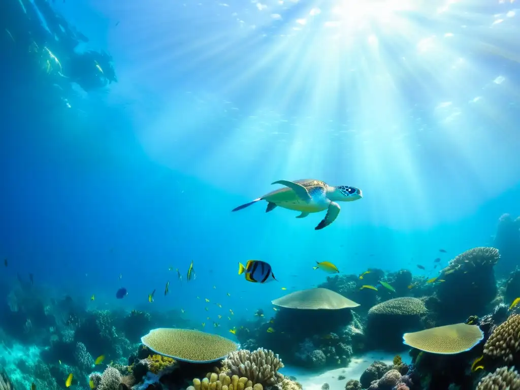 Bajo el mar, un arrecife de coral vibrante repleto de peces coloridos y una tortuga majestuosa