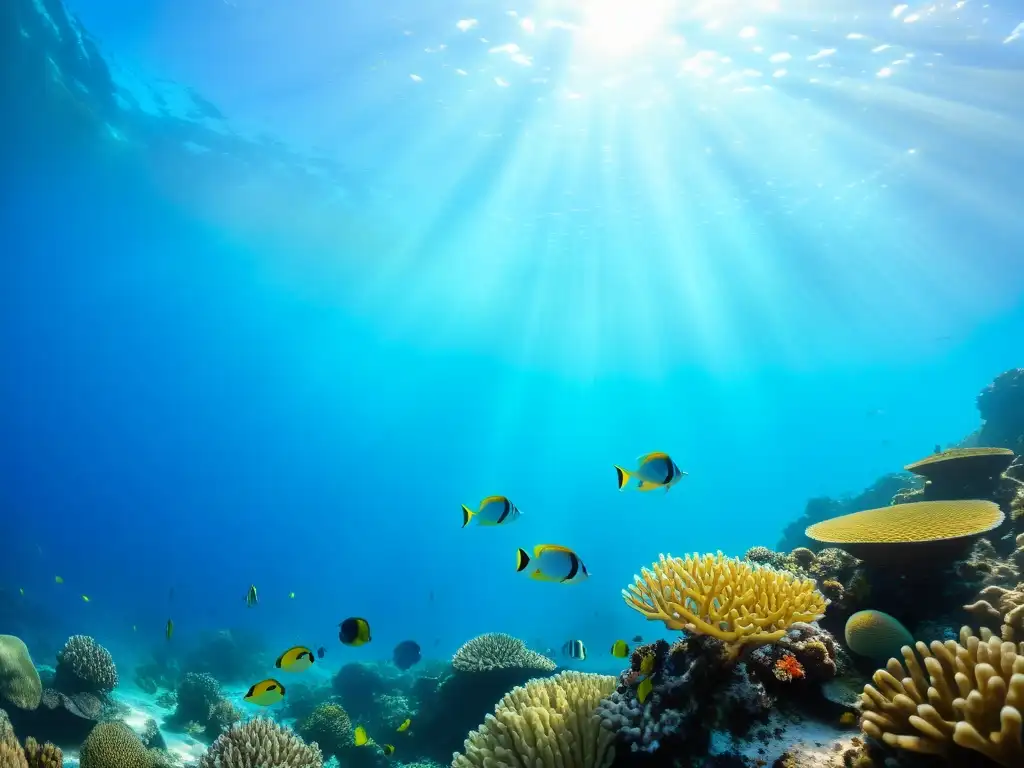 Bajo el mar, un arrecife de coral rebosante de vida marina colorida