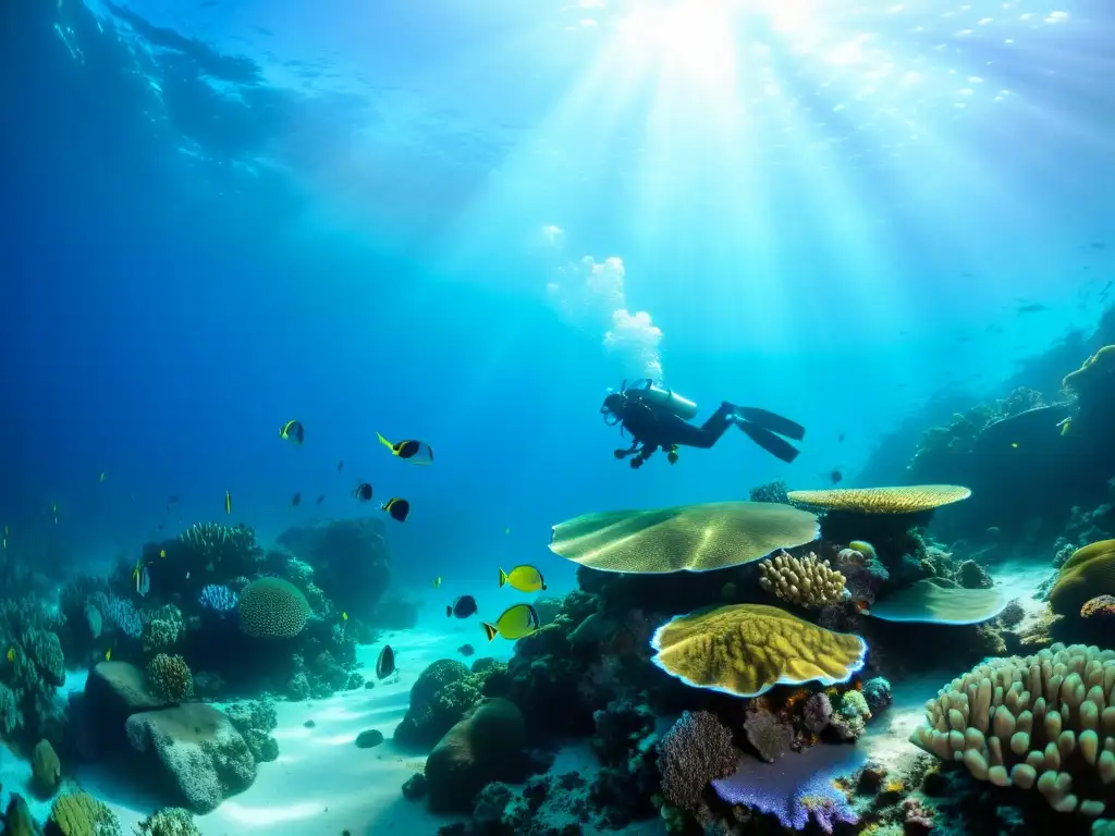 Bajo el mar, un arrecife de coral vibrante, vida marina colorida y un buceador admirando la belleza del ecosistema submarino