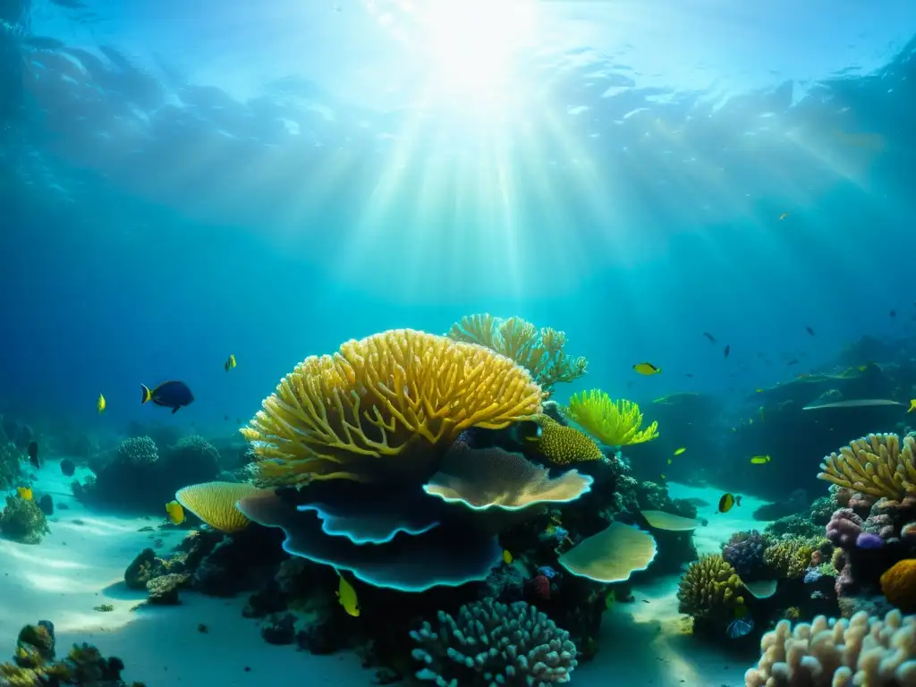 Bajo el mar, un arrecife de coral vibrante rebosa de vida marina