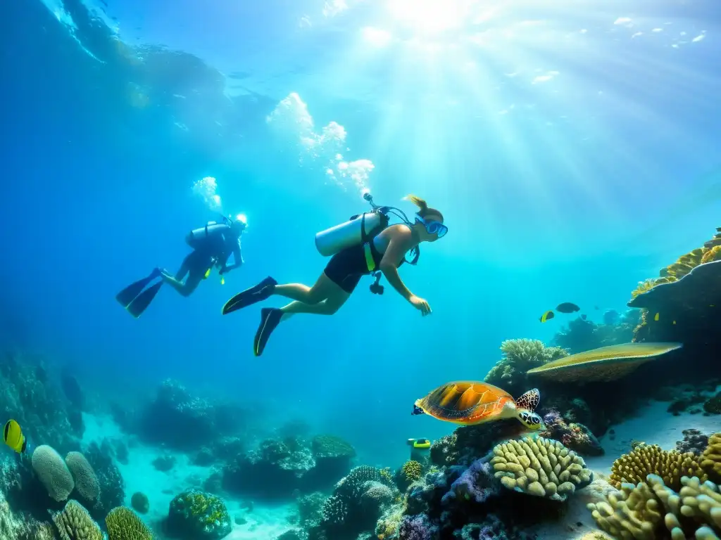 Bajo el mar, niños exploran arrecifes de coral con equipo de buceo, maravillados por la vida marina