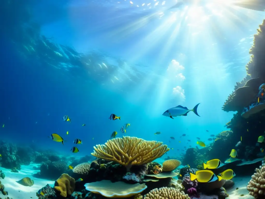 Bajo el mar, buceo profundo en vida marina: arrecife de coral vibrante, peces tropicales y luz filtrada crean un escenario de belleza y tranquilidad