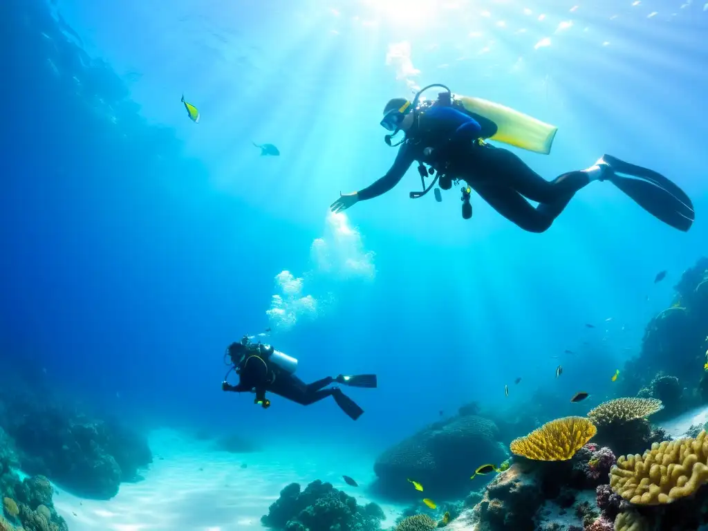 Bajo el mar, un buzo desciende en aguas abiertas técnicas, rodeado de vida marina vibrante y coloridos corales