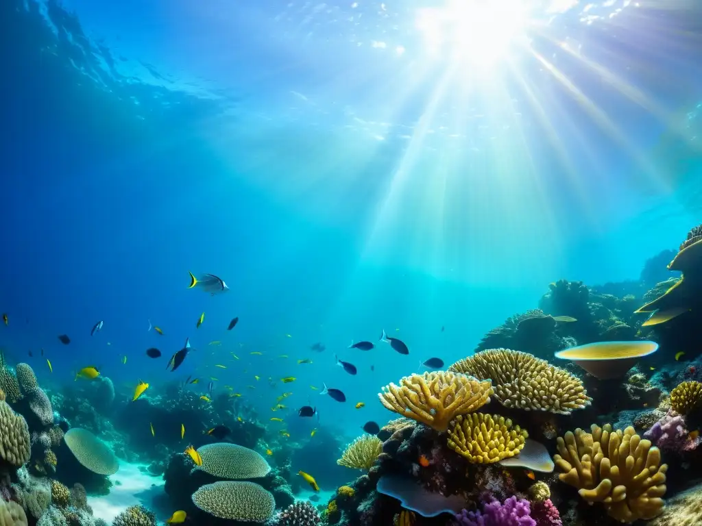 Bajo el mar, un impresionante arrecife de coral rebosante de vida marina y luz solar, ilustra la belleza de obtener certificación PADI