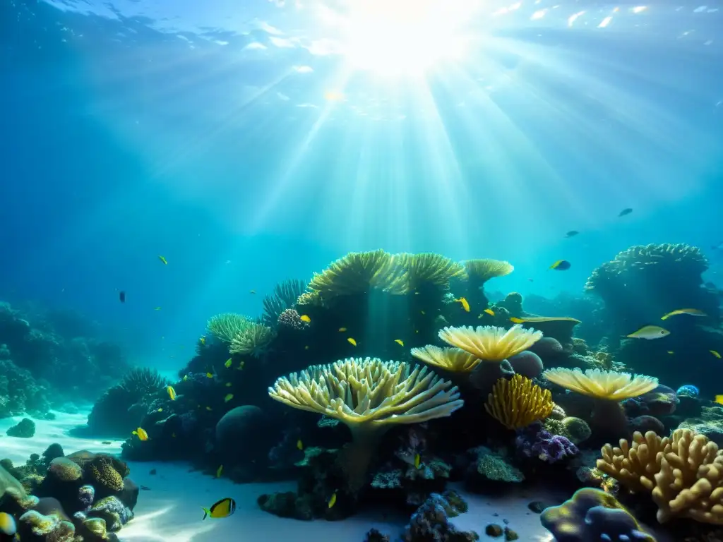 Bajo el mar, la luz del sol ilumina un vibrante arrecife de coral, creando un mundo sereno y hermoso