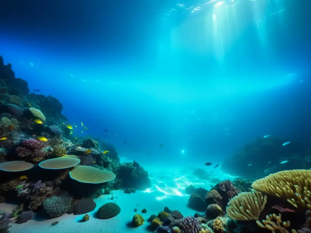 Bajo el mar oscuro, la vida marina bioluminiscente brilla en colores vibrantes, creando un paisaje nocturno mágico