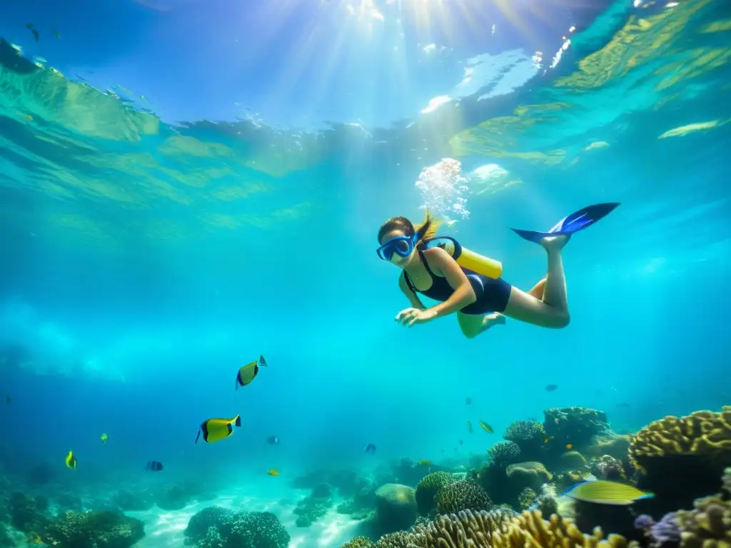 Bajo el mar, niños exploran coral y peces con equipo de buceo, mostrando la emoción de la exploración submarina para niños