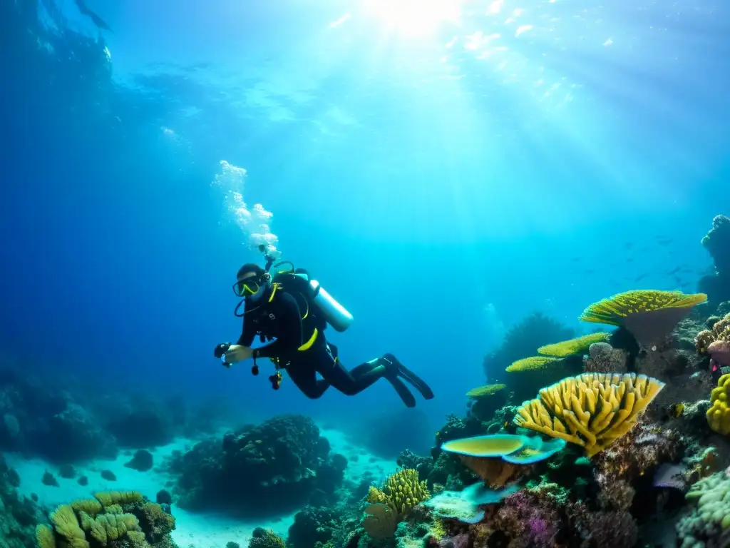 Inmersión científica en el Mar Rojo: Buzos investigan arrecifes de coral y recolectan datos bajo el agua cristalina, con vida marina vibrante