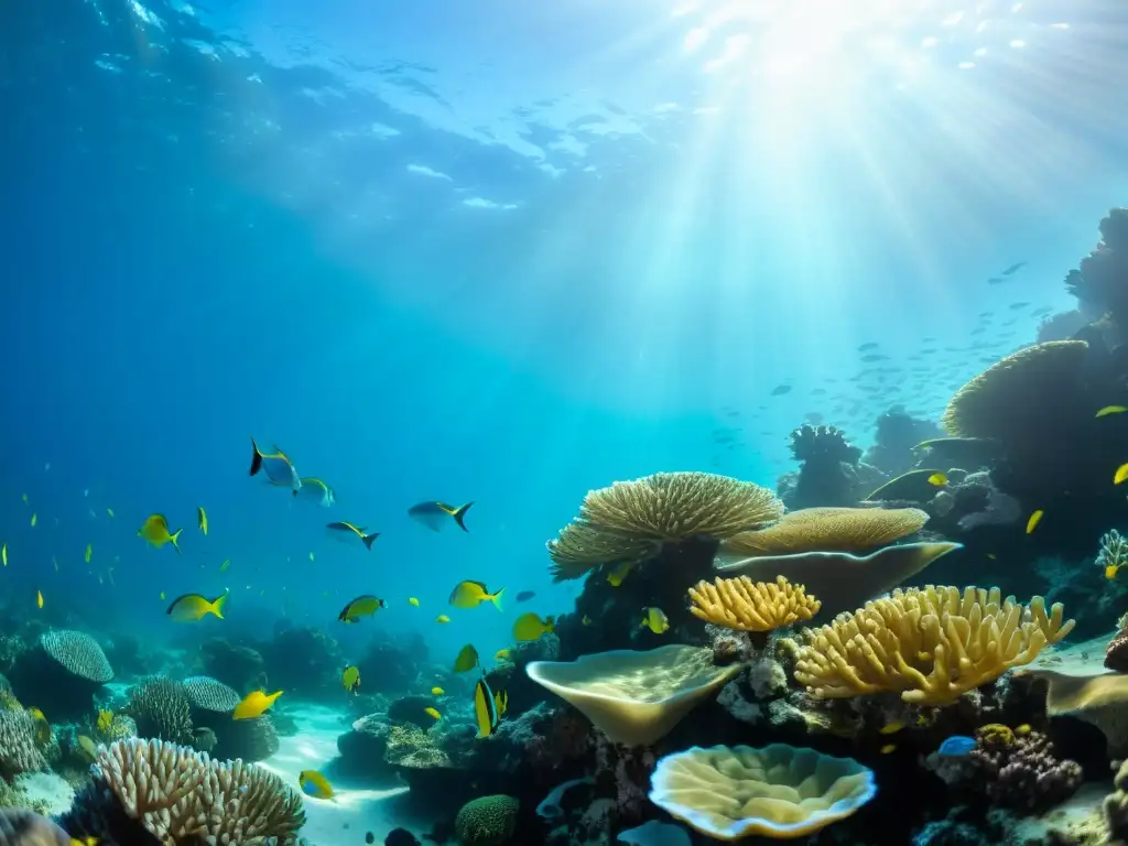 Bajo el mar, un vibrante arrecife de coral con vida marina diversa