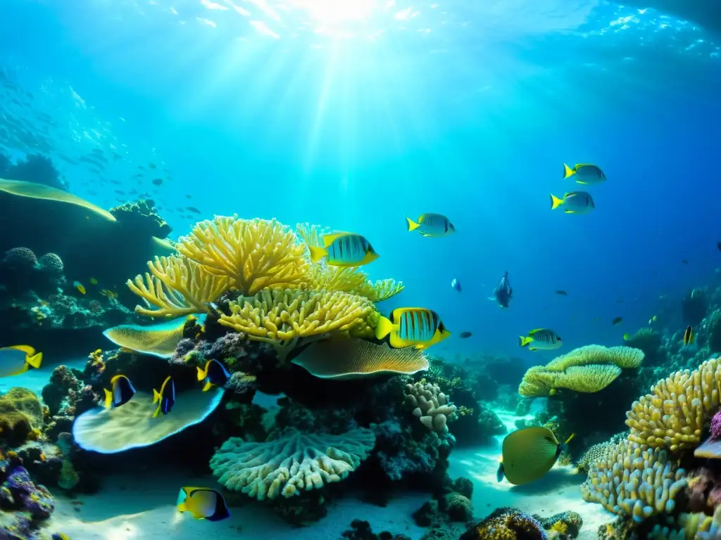 Bajo el mar, un vibrante arrecife de coral rebosa vida marina