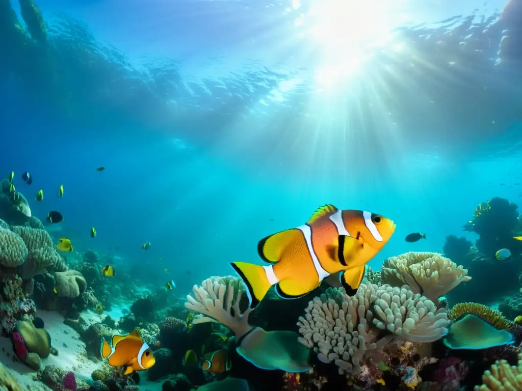 Bajo el mar, un vibrante arrecife de coral rebosa vida marina