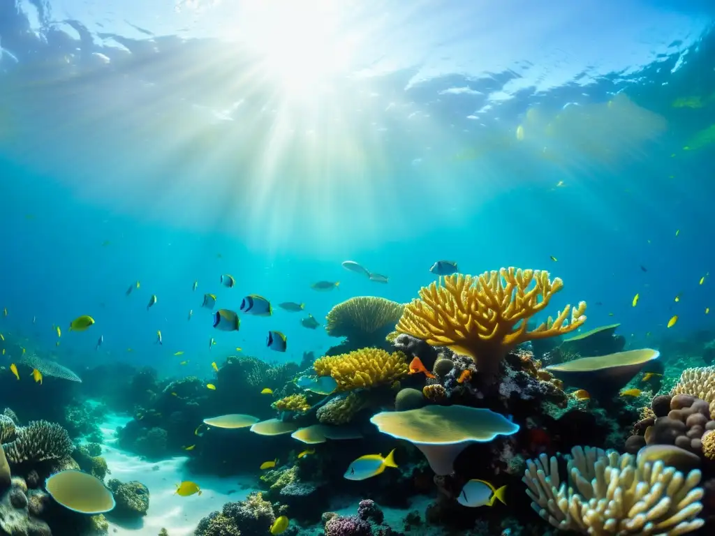 Bajo el mar, un vibrante arrecife de coral rebosante de vida marina