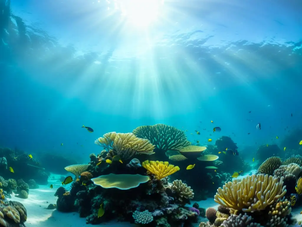 Bajo el mar, un vibrante arrecife de coral muestra la vida marina