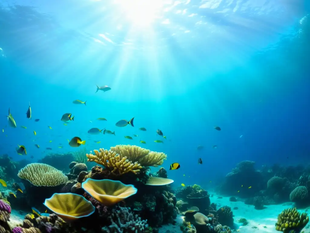 Una maravillosa escena submarina llena de vida en un arrecife de coral, perfecta para conferencias sobre conservación del medio ambiente marino