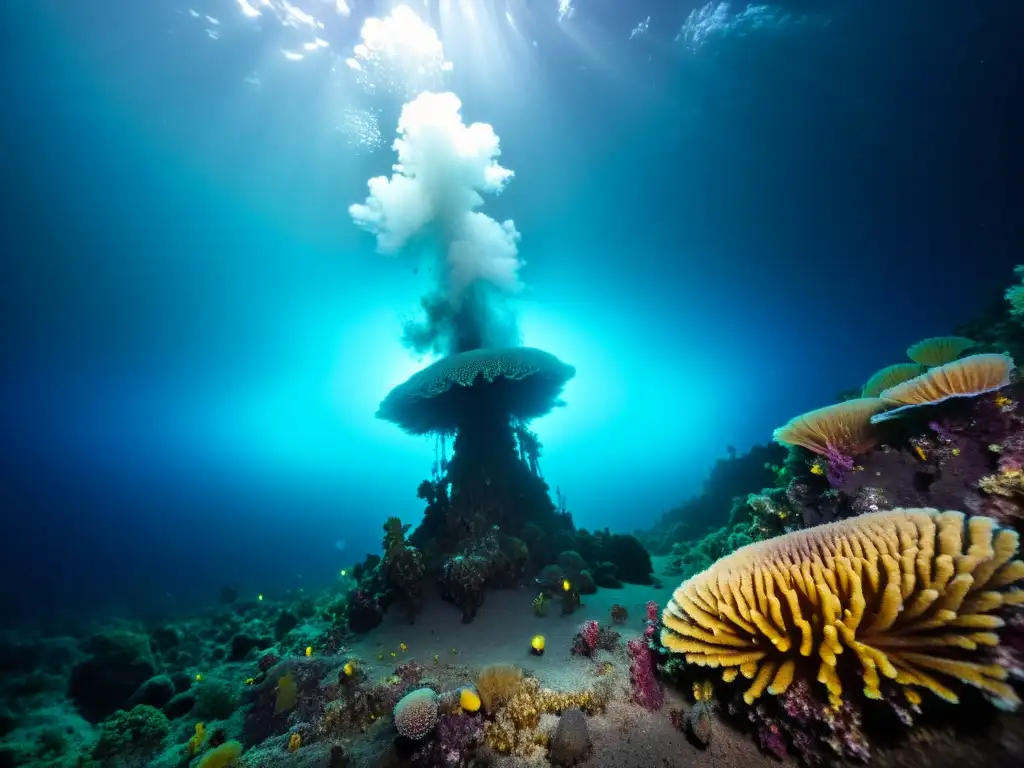 Maravillosa imagen de un respiradero hidrotermal en el fondo marino rodeado de criaturas vibrantes y otrasworldly