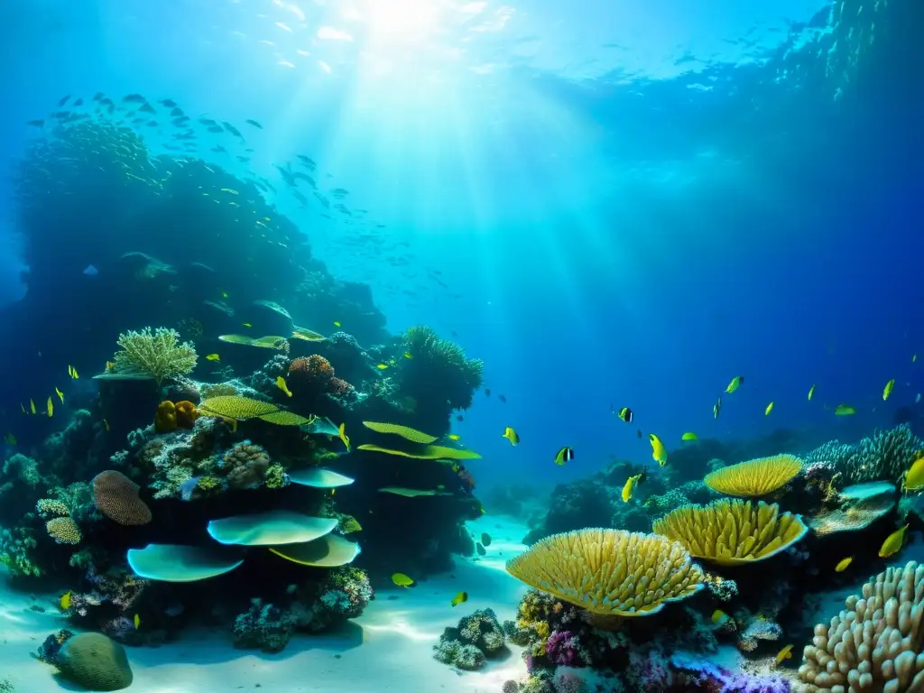 Maravillosa imagen submarina de un vibrante arrecife de coral, resaltando la belleza y biodiversidad del ecosistema marino