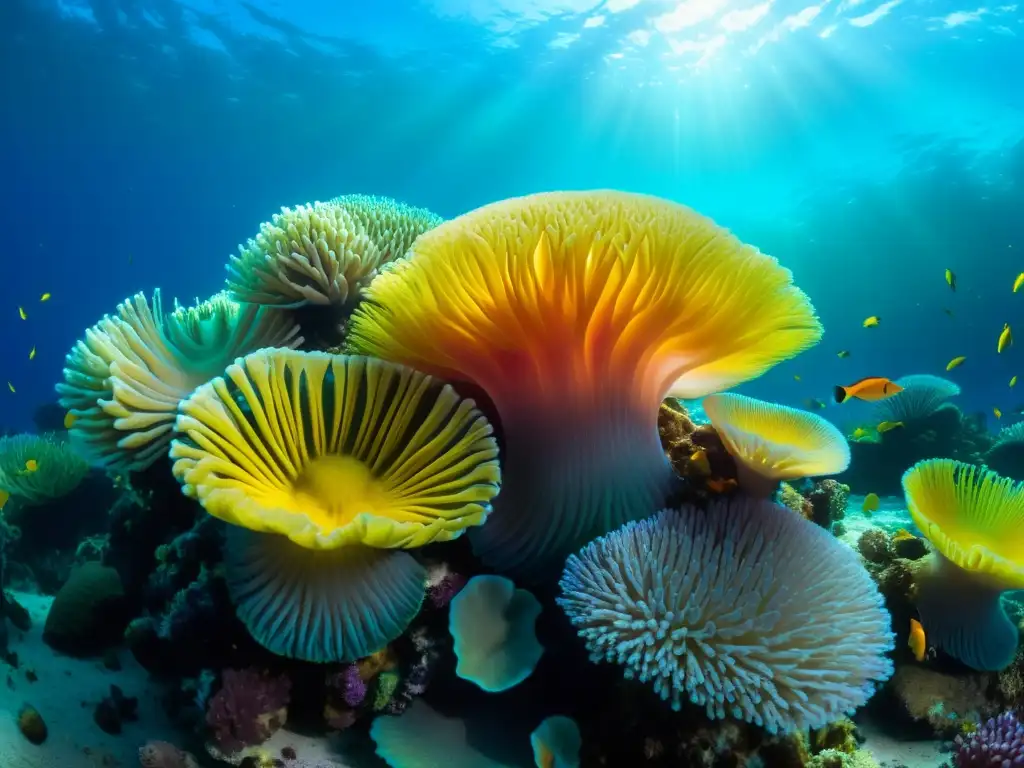 Una maravillosa imagen de un vibrante arrecife de coral, vida marina colorida y plantas marinas, inspiración joyería vida marina